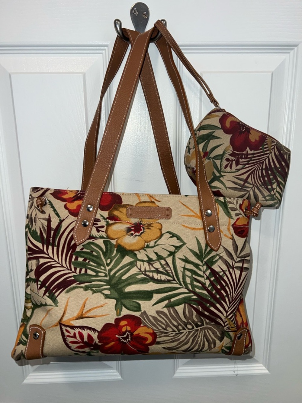 Caribbean Joe Floral Canvas Tote with Brown Straps - Red, Yellow, Green